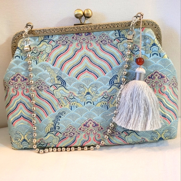 Handbags - Elegant Blue Patterned Clutch Purse with Tassel
